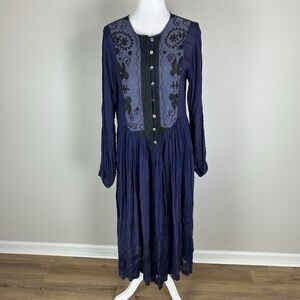 Vintage M Renaissance Dress Purple Embroidered Midi A-line Witchy Long Sleeve